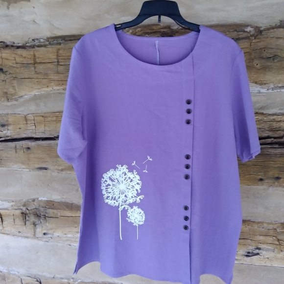 Source Unknown Tops - Orchid Purple Cotton Short Sleeved Floral Print Tunic Size 2XL